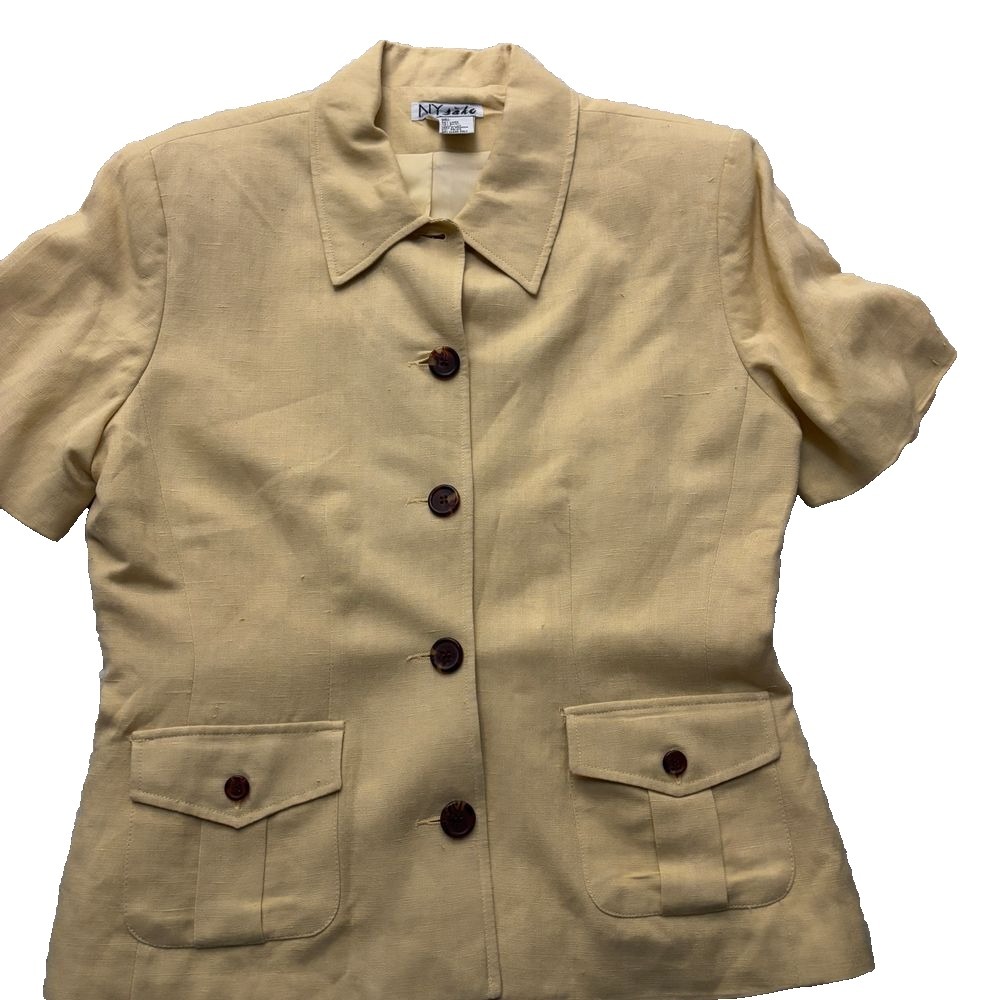 Linen Blend Skirt Suit Size10 Butter Yellow Cargo Safari Fisherman Blazer Jacket - Picture 2 of 13